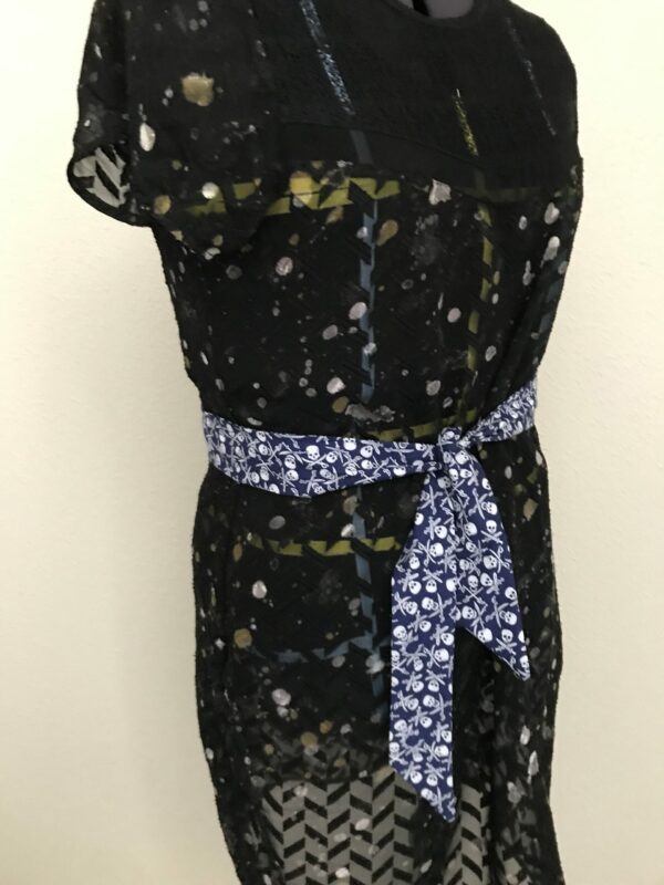 Long Foulard fin à cheveux, motif bleu skull, tête de mort, cravate lavallière  ceinture – Image 2