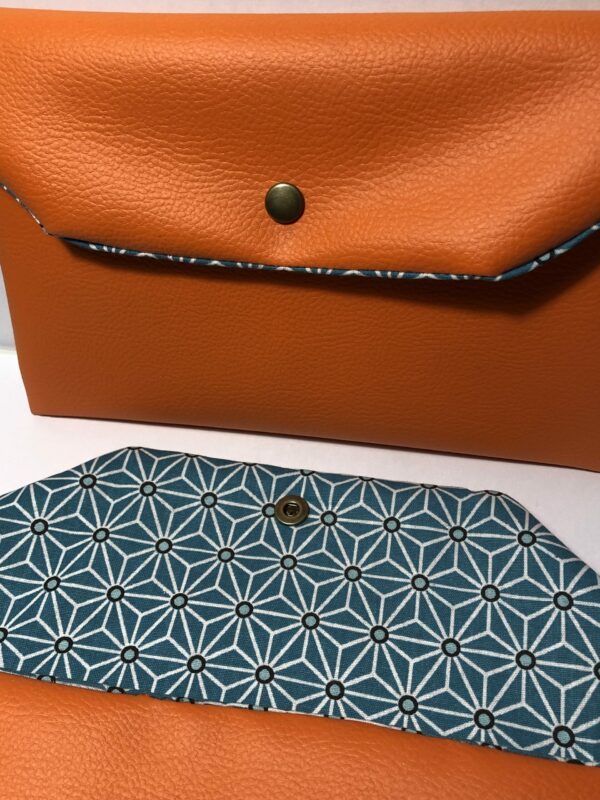 Pochette simili cuir Orange et tissu Bleu vert origami – Image 2
