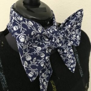 Long Foulard LARGE à cheveux, motif bleu skull, tête de mort, cravate lavallière  ceinture