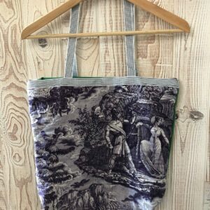 Sac inspiration Tote Bag en Toile de Jouy "Le solitaire au pont du torrent" et coton vert, sac bicolore à doublure