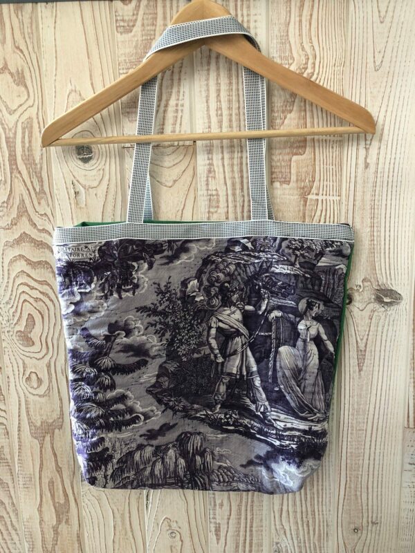 Sac inspiration Tote Bag en Toile de Jouy "Le solitaire au pont du torrent" et coton vert, sac bicolore à doublure