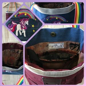 Petit Sac Licorne anses arc en ciel en jean bicolore rouge grenat et jean bleu